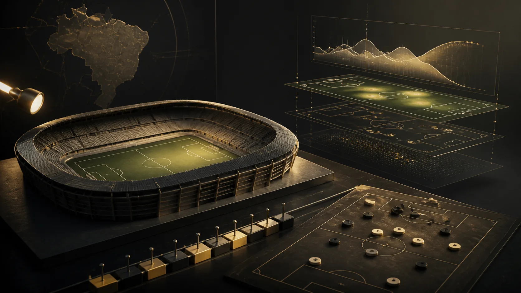 Cena editorial de futebol com camadas visuais de evento, contexto e análise, sem placar ou odds.